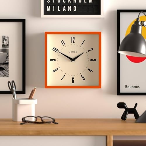 JONES CLOCKS® Box wall Clock | Retro Square Clock | 10" | Orange | Easy to Read Numbers | Perfect Kitchen Clock or Office Clock