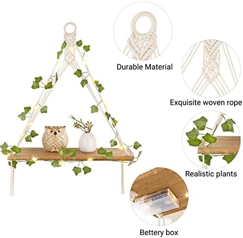 Mkono Macrame Wall Hanging Shelves Set of 2 with Artificial Ivy Lights