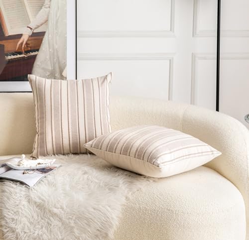 Cethom Decorative Boho Throw Pillow Covers, Farmhouse Textured Pillow Case, 20 x 20 Inch Set of 2, Chair Sofa Bedroom Living Room Home Decor Couch Cushion Case, Taupe and Beige Striped