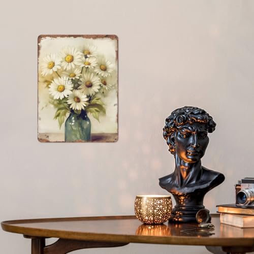 12x8 inches Vintage Tin Sign, Flowers White Daisy with Dew Drop, Metal Sign Retro Wall Decor for Home, Cafes, Office, Store, Pubs, Club, Gift, Plaque Tin Sign（84）