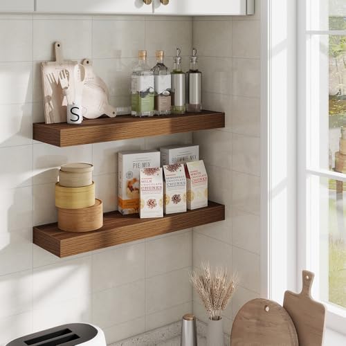 Fun Memories Floating Shelves Set of 2, 24 Inch Floating Shelves for Wall, Wood Wall Shelves with Invisible Brackets, for Bathroom, Bedroom, Living Room, Kitchen, Walnut