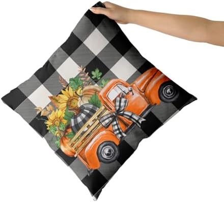 Giwawa Fall Pillow Covers Set of 2, Orange Autumn Truck Pumpkins Throw Pillowcases 18x18 Inches with Black White Buffalo Plaids, Soft Cotton Square Cushion Cover for Sofa Couch Bedding Home Decor