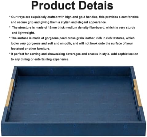 Navy Blue Faux Leather Large Square Decorative Serving Tray with Handles – for Coffee Table, Ottoman, Living Room, Bathroom & Home Decor
