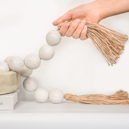 Extra Large Wood Bead Garland with 1.4" Diameter Wood Beads, Wooden Beads Garland with Tassels, Decorative Beads Home Decor, Farmhouse Beads Decor (Rustic White, 58 Inches)