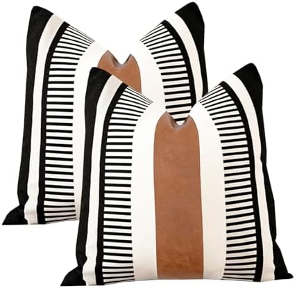 24x24 Boho Striped Pillow Cover with Faux Leather Accent, Black, 2 PC