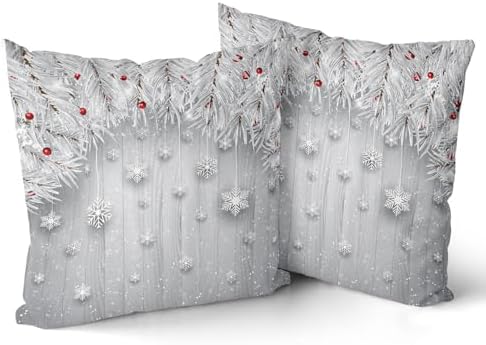 Giwawa Winter Snowflakes Pillow Covers Set of 2 20x20 Inch Christmas Falling Snow Xmas Tree Berries Decorative Farmhouse Throw Cushion Cases for Sofa Couch Porch Indoor Outdoor Holiday Patio
