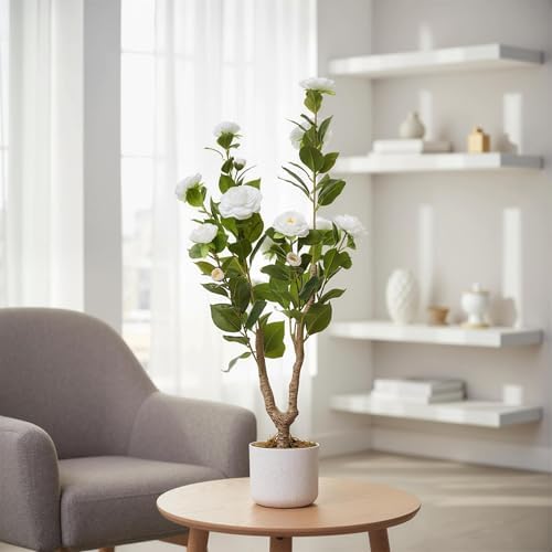3FT Artificial Camellia Tree in White Planter, 2 Pack Faux Camellia Plant with 16 White Flowers, 36" Faux Flowers Potted Plant Trees for Home and Office Decor