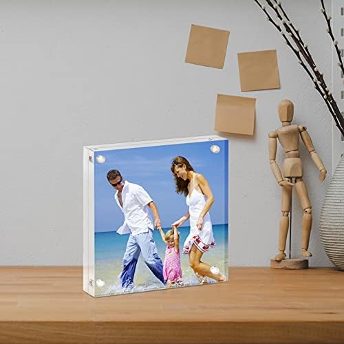 AMEITECH 4x4 Inch Acrylic Picture Frame, Clear Double Sided Block Acrylic Photo Frames, Desktop Frameless Magnetic Photo Frames