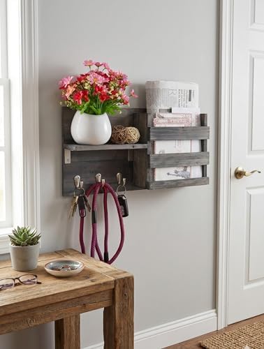 Wall-Mounted Key Holder Hooks - Rustic Wood Weathered Grey & Black - Entryway Organizer for Mail, Leashes, and Purses - Floating Shelf, 16.5” W x 9.75" H x 4.5” D