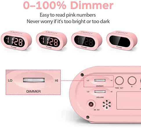 REACHER Pink Dimmable Digital Alarm Clock for Girls Bedrooms