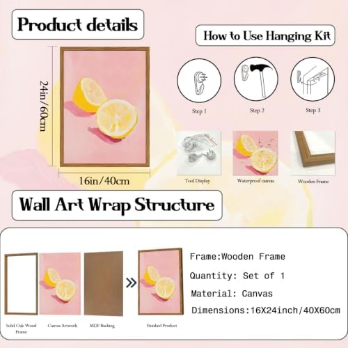 Framed Pink Kitchen Wall Art, Lemon Pictures Wall Decor, Minimalist Dopamine Fruit Paintings Canvas Prints Trendy Preppy Home Decor for Kitchen Dining Room Living Room Dorm 16x24 inch