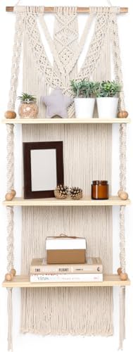 Macrame Wall Hanging Shelf 3 Tier - Boho Bedroom Decor | Macrame Wall Decor | Boho Shelf Decor, Hanging Shelves for Wall, Woven Rope Floating Wood Shelves & Storage for Small Plants