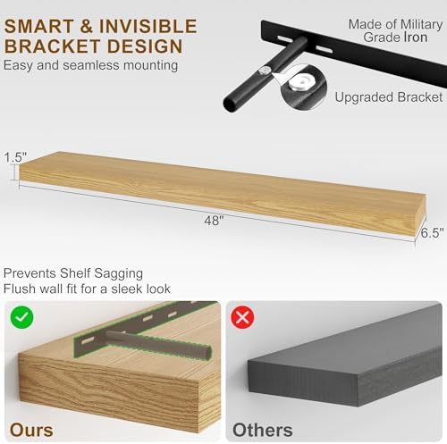 Fun Memories Floating Shelves for Wall, 48Inch Floating Shelves Set of 2, Hanging Shelf with Invisible Brackets, Wood Shelves for Living Room, Bedroom, Kitchen, Oak