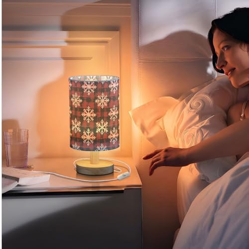 Xmas Snowflake on Red Black Buffalo Grid Bedside Table Lamps with USB Port for Bedroom Lamp Accent Table Lamp Small Nightstand Lamp Linen Shade Decorative Lamps for Home|Room|Dorm|Holiday|Winter