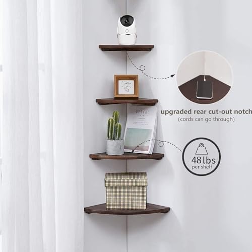 Corner Shelves, Floating Corner Shelf, Set of 2 Solid Oak Wood Wall Shelves, Round End Wall Mount with Wire Hole Shelving for Small Plant for Bedroom Kitchen, Living Room Walnut 8.7”