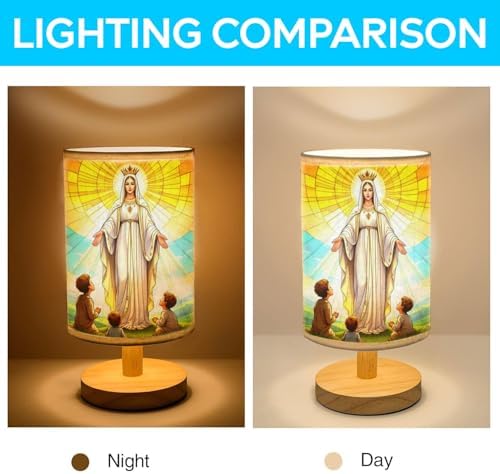 Our Lady of Fatima Apparition Table Lamp LED 3-Color Pressed Bedside, Our Lady of Fatima Apparition Shade Lamp with Wood Base for Bedroom Living Room Desk Office TL01