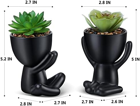 Fake Succulent, Mini Succulents Plants Artificial in Black Modern Human Shaped Ceramic Pots Desk Decor Desk Plant for Office Decor for Women, Cute Fake Plants Bathroom Decor 2PCS