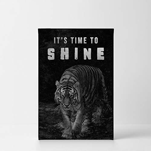 Smile Art Design It's Time to Shine Black and White Tiger Motivational Wall Art Canvas Print Inspirational Wall Art Entrepreneur Quote Modern Office Living Room Decor Gift Ready to Hang 22x15