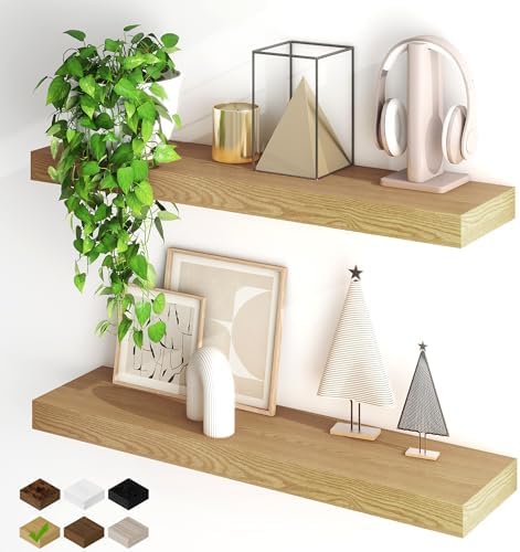 Fun Memories Floating Shelves for Wall, 32Inch Floating Shelves Set of 2, Hanging Shelf with Invisible Brackets, Wood Shelves for Living Room, Bedroom, Kitchen, Oak