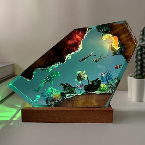 Handmade Whale Shark Resin Ocean Lamp with Wood Base