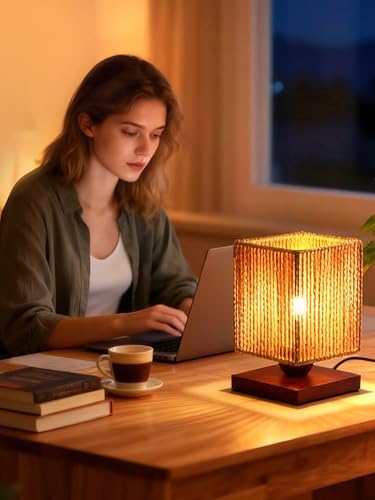 Handmade Small Rattan Lamp for Bedroom,Boho LED Table Lamp for Living Room