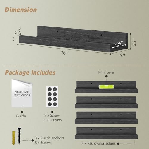 Forbena Black Picture Ledge Shelf, Floating Shelves with Lip for Wall, Small Wall Shelves for Bathroom Bedroom Kitchen Office Living Room Books, Art Pictures, Photo Frame, Plants (4-Pack, Real Wood)