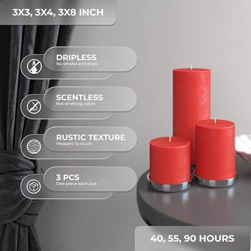 CANDWAX Assorted 3x3, 3x4, 3x8 Inch Red Pillar Candles Set of 3 - Smokeless Dripless Red Pillars - Perfect for Home Decor, Dinner Table Centerpieces, Party Decorations - Unscented Candles