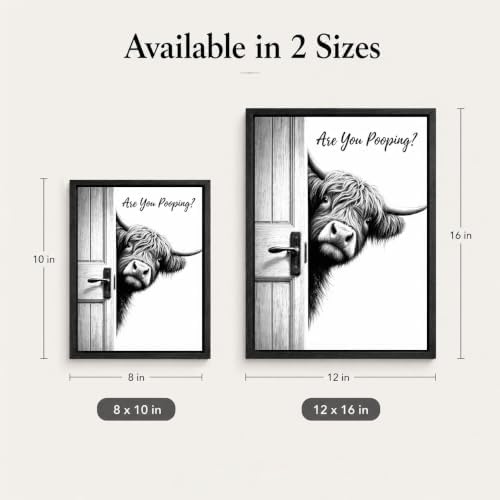 Framed Funny Bathroom Wall Art, Highland Cow Are You Pooping Canvas Print, Black and White Humor Bathroom Animal Decor for Restroom Toilet 12x16in