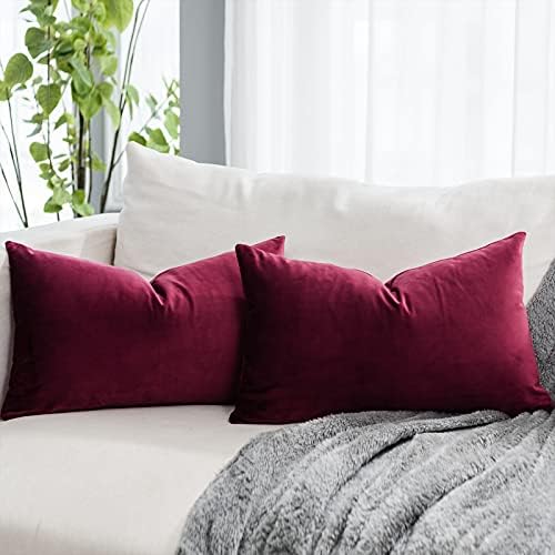 Christmas Burgundy Soft Lumbar Velvet Throw Pillow Covers 16x24 inch Set of 2 for Sofa Couch Bed Living Room Decorative Luxury Solid Rectangle Cushion Covers Case with Zipper