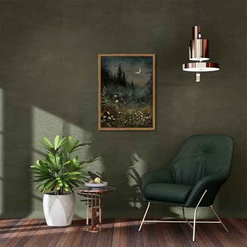 Vintage Moonlit Forest Wall Art Crescent Moon Forest Wildflower Gothic Canvas Prints Landscape Aesthetic Pictures Wall Decor for Living Room Bedroom Offices 16x24 inch Framed