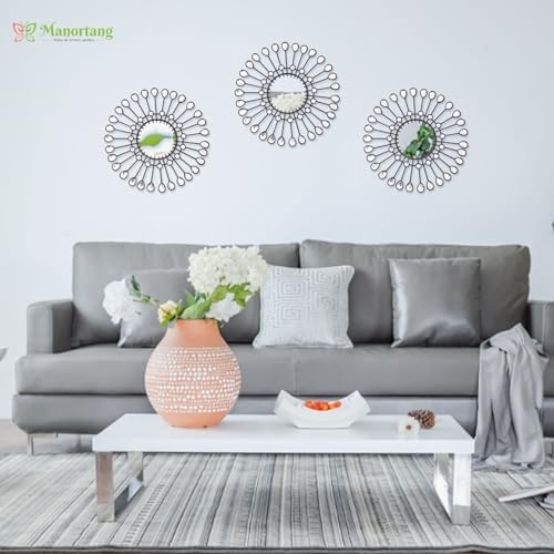Black Mirrors 3 Piece,Sunburst Mirror Hanging Wall Decor,9inch indoor Adorn | Indoor Mirrors Wall Art, Rhinestone Round Mirror for Bedroom, drawing room, Kitchen, House Warming Festival Gifts Decorate