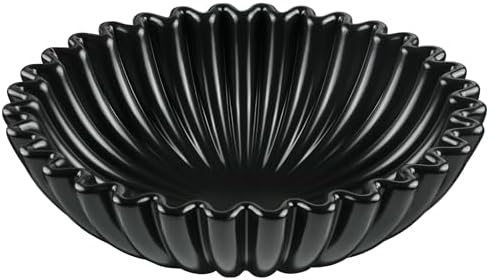 KULEDM Ceramic Decorative Bowl Home Decor - 10in Black Scalloped Ruffle Fruit Bowl for Kitchen Counter, Dishwasher & Microwave Safe