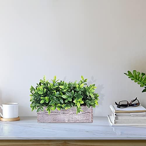 Winlyn Artificial Eucalyptus Plant in Rustic Rectangular Wooden Planter Box Faux Potted Herb Plant Greenery Arrangement for Farmhouse Indoor Wedding Table Centerpiece Mantel Shelf Kitchen Decor