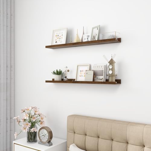 Acovy Picture Ledge Shelf, Wood Floating Shelves, 36 inch, Walnut, Set of 2