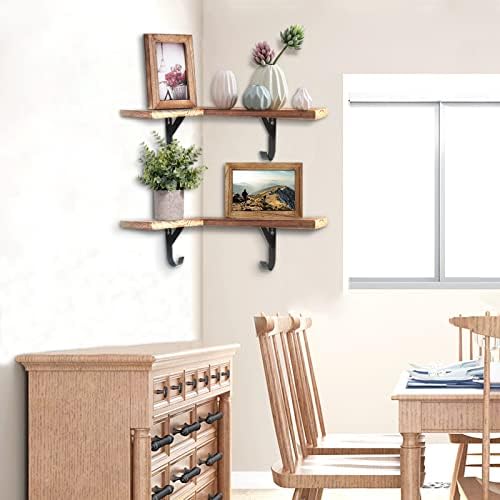 HAO Floating Corner Wall Shelves Rustic Wood Mounted Shelving L Shape Shelf with Cable Wire Hole Pattern for Bedroom Living Room Bathroom Carbonized Black 16 Inch Set of 2