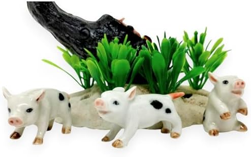 WitnyStore Tiny 1¾" White Black Standing Look Left Baby Pig Figurine - Miniature Hand Made Ceramic Pigs Swine Hog Piglet Livestock Farm Animal Cute Porcelain Decorative Collectible Figures Décor Gifts