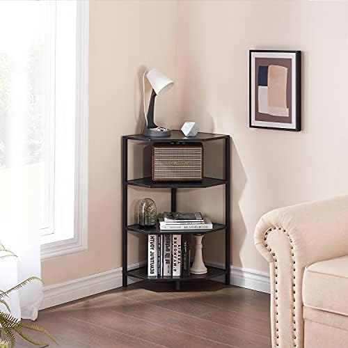 VECELO 31 Inch Corner Shelf, 4-Tier Display Shelves, Wood Storage Stand with Metal Frame, Multipurpose Shelving Unit for Small Space, Home Office, Black