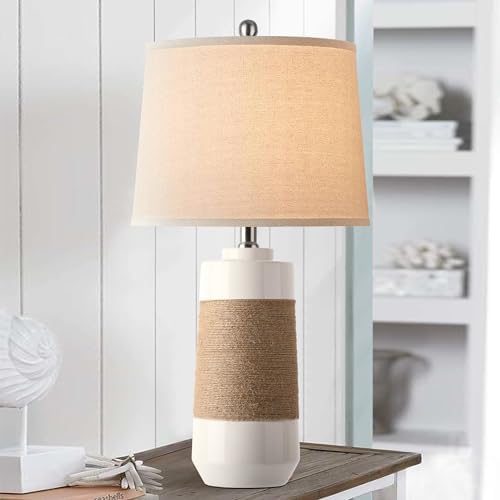 Hamucd White Boho Ceramic Lamps with Rope for Living Room Set of 2 Nautical Rattan Coastal Bedside Table Lamps for Bedroom Beach Nightstand Lamps with 2 Bulbs