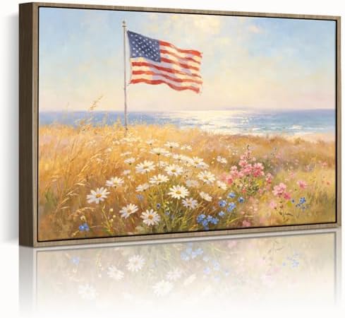 American Flag Framed Canvas Wall Art, 4th of July Floral Canvas Prints | Wildflower Landscape Poster Print, Vintage Rustic Independence Day Wall Decor for Bedroom Living Room Office 6×8in