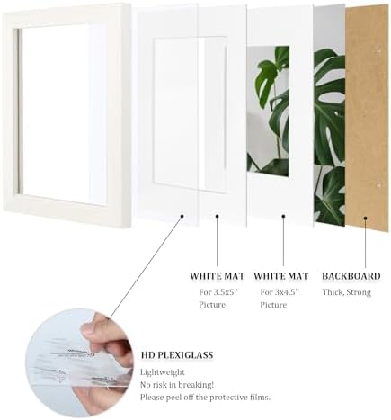 Egofine 4x6 Picture Frames Set of 4, Made of Solid Wood Covered by Plexiglass 3x4.5 and 3.5x5 with Mat or 4x6 without Mat, for Table Top Display and Wall Mounting Photo Frame Beige