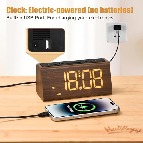 Cadmos Wooden Digital Alarm Clock for Bedroom,Electric Desk Clock with USB Port,Loud Alarm for Heavy Sleepers,Adjustable Volume & Dimmer,Snooze,DST,Wood Decor,Bedside & Desk Us(Brown - Amber Digits)