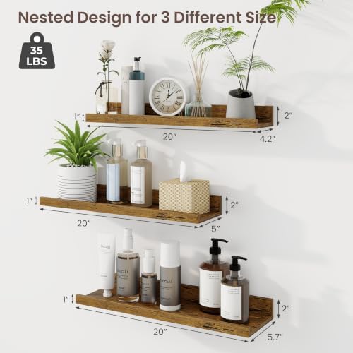 Axeman 20 Inch Floating Shelves, Brown Picture Ledge Shelf Set of 3