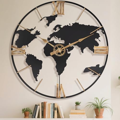 Pytha Sight 24 Inch Large World Map Vintage Gold Roman Numerals Wall Clock