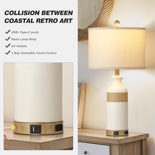 Cinkeda Boho Rattan Table Lamps for Bedroom Nightstand 26" Farmhouse Bedside lamp Set of 2 with USB C+A Ports & AC Outlet,3-Way Dimmable Touch Control Vintage Lamps for Living Room(Include Bulbs)