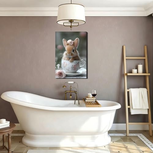 Large Bunny in a Teacup Easter Framed Canvas Wall Art, Rabbit Pictures Prints for Kitchen, Bright Spring Canvas Art & Holiday Home Office Wall Decoration, Ready to Hang, 20x30
