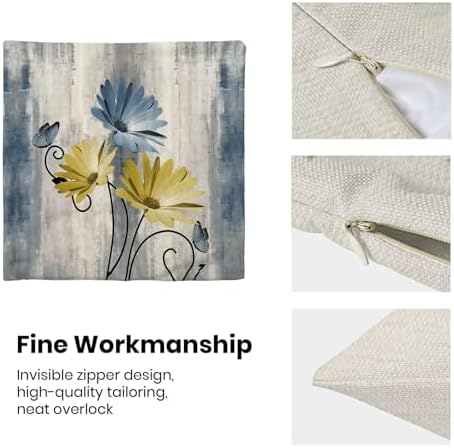 Baby Blue Yellow Floral Pillow Covers 18 x 18 Inch Set of 2 Daisy Floral Butterfly Decorative Throw Pillow Covers Linen Rustic Farmhouse Cushion Cases for Home Sofa Couch Living Room Decor