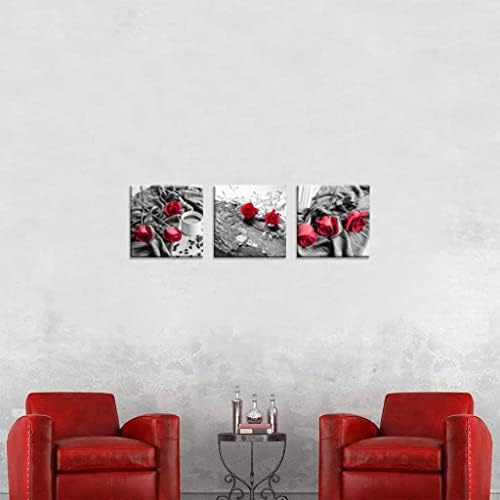 NAN Wind Canvas Print 3 Pcs Black and White Red Rose Canvas Art Painting Abstract Wall Art Decorations Flower Picture on Canvas for Home Decor Stretched and Framed (14X14inchX3pcs, B&w Rose)