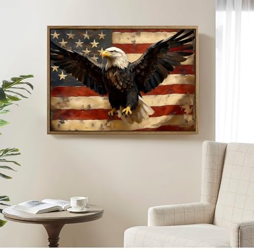 American Flag Framed Canvas Wall Art, 4th of July Patriotic Canvas Prints | USA Flag with Bald Eagle Poster Print, Vintage Independence Day Wall Decor for Bedroom Living Room 6×8in