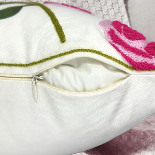 Alysheer Floral Embroidered Farmhouse Decorative Throw Pillow Cover 18"x 18" Set of 2, Cottage Hot Pink Flowers Green Leaves Embroidery Pattern, Cotton Canvas Cushion Case for Sofa Couch Bedroom