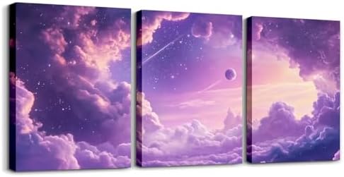 Feelyou Purple Galaxy 3 Piece Canvas Wall Art for Living Room Bedroom Starry Galaxy Wall Art for Home Decor 3D Printed Space Office Decor Artwork Dreamy Nebula Picture Painting Posters